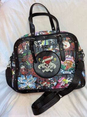 Ed Hardy Black-Trim Multicolor Tattoo Print Satchel